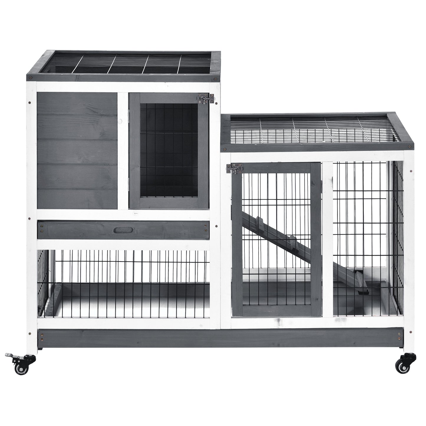 Wooden Elevated Rabbit Hutch with Wheels and Enclosed Run - Small Animal Cage