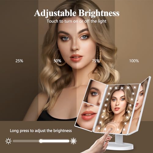 HUONUL Makeup Mirror Vanity Mirror with Lights, 2X, 3X, 10X Magnification, Touch Control, Trifold, White, 9.4" L x 13.4" W, Modern Style, Dresser Mount, Bathroom