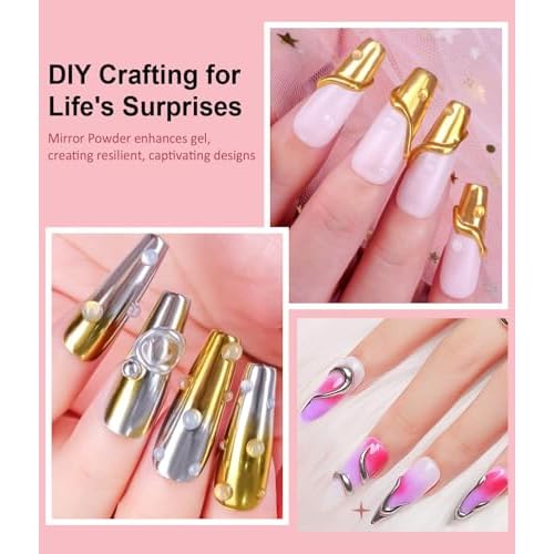 3D Nail Gel Art BISHENGYF - Rose Gold Chrome Nail Powder 15g 3D Nail Gel with Laser White Nail Powder Non-Sticky Clear 3D Sculpting for Art Home DIY