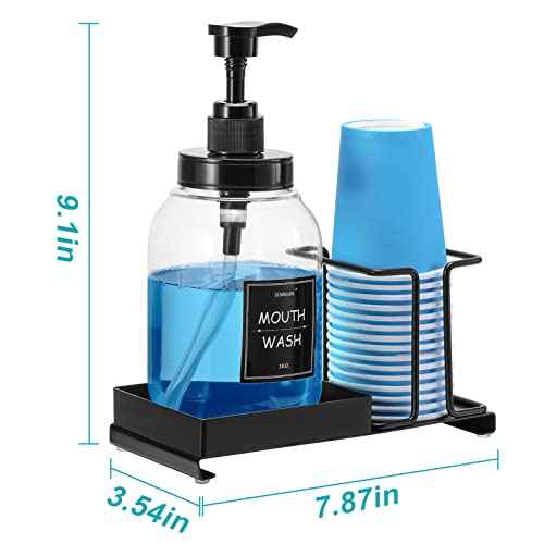 Mouthwash Dispenser for Bathroom,Mouth Wash Pump Bottle with Stainless Steel Cup Holder,24 OZ Refillable Clear Mouthwash Container,BPA Free,Black