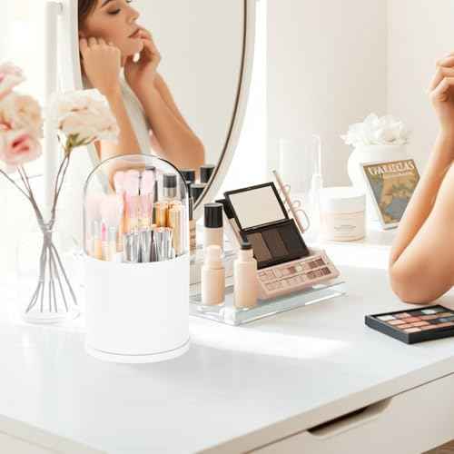 Yieach Rotating Acrylic Makeup Brush Holder with Lid for Vanity,Bathroom,Countertop,Covered Makeup Brushes Organizer,Round Spinning Cosmetic Brushes Holder and Make up Brush Storage with Cover,White