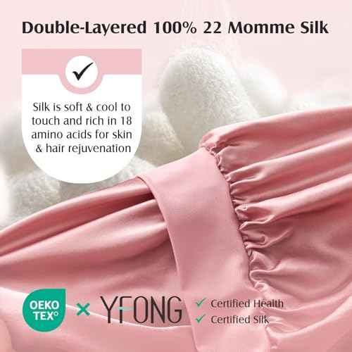 YFONG 100% 22 Momme Mulberry Silk Bonnet for Sleeping Women, Larger Double Layer Silk Hair Wrap for Curly Short Long Hair, Non-Slip Sleep Cap Turban with Elastic Tie Band for Hair Care, Pink