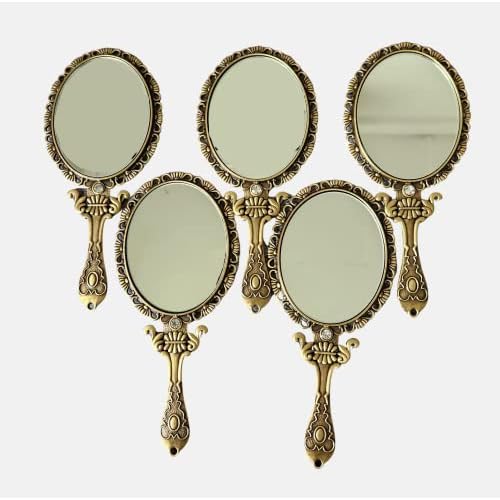 5 PCS Vintage Hand Mirror with Embossed Rose on The Back Handheld Makeup Beauty Metal Mirror Compact Purse Small Mirror (Brass (Matt Gold))