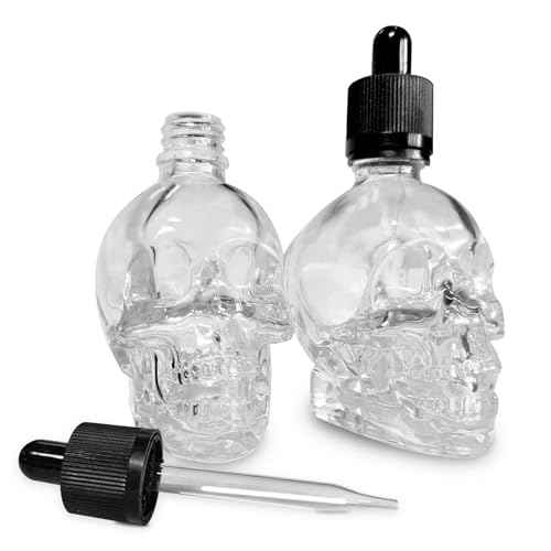 2 pcs Set 1OZ Transparent/Black Skull Glass Dropper Bottle Leakproof Essential Oils Bottle for Storage and Travel (Transparent, 1 OZ)