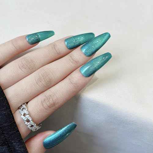 Magnetic Glue On Nails,Long,Christmas,Coffin Agate Green Cat Eye Impress,Salon Quality,Lasting,Reusable, Glossy Fall Nails Kit Acrylic Set for Women