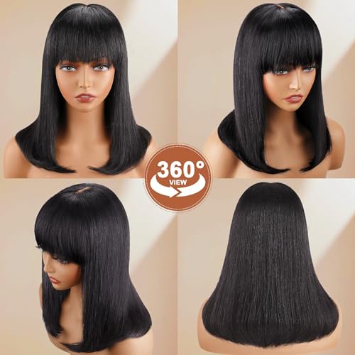Lativ Bob Wig with Bangs Human Hair 4x2 Lace Bob Wig Human Hair with Bangs 150% Density Middle Part Natural Black(16 Inch,Bob With Bangs)