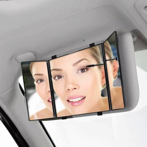 Joyzan Foldable Makeup Mirror, Car Trifold View Mirror Folding Visor Vanity Tri Fold Portable High Definition Cosmetic Travel Sun Universal Hook Loop Home Auto Truck SUV Clip On Rear Women Girl