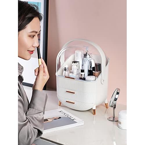 Makeup Storage Organizer for countertop£¬Cosmetics Display Case with 2-Layer Storage Box and Transparent Cover, Keep Bedroom Vanity Organizer Clea, Milky white
