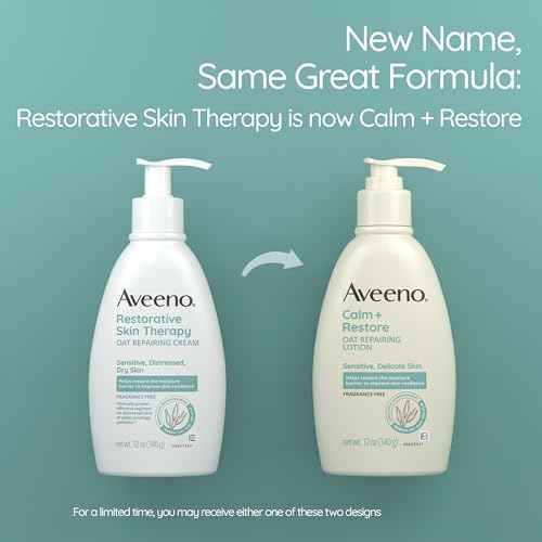Aveeno Calm + Restore Oat Repairing Body Lotion for Sensitive Skin, Daily Moisturizer with Prebiotic Oat, Aloe & Pro-Vitamin B5, Fragrance Free Body Lotion Helps Heal Dry Skin, 12 oz