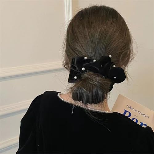 6 Pcs Pearl Velvet Elastic Hair Ties Black Ponytail Holders Pearl Rubber Band Hair Ropes Headbands Hair Accessories Scrunchie Ropes for Women Girls