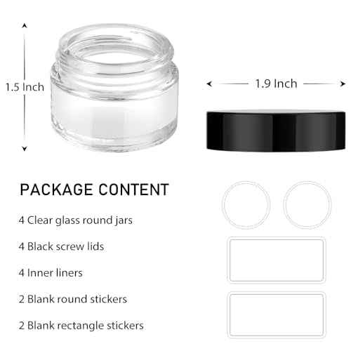 4 Pack 1oz Small Glass Containers with Lids, Glass Jars with Black Lids & Stickers, Mini Reusable Empty Container for Creams, Lotion, Cosmetic
