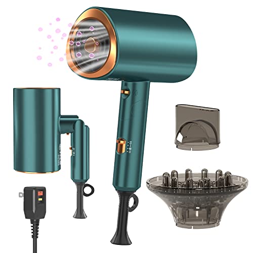 Professional Ionic Hair Dryer Blow Dryer with Diffuser and Concentrator for Curly Hair,Foldable Handle Travel Hair Dryer,Constant Temperature Hair Care (Vintage Green)
