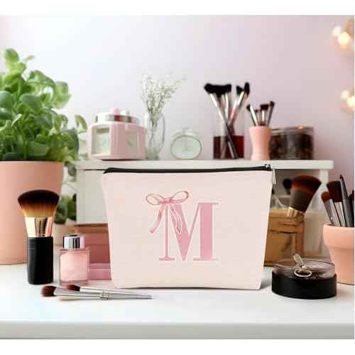 Initial Coquette Pink Bow Custom Makeup Bag,initial M Personalized Teen Girl Gifts,Trendy Preppy Cute Monogrammed Gifts Girly Makeup Pouch Zipper Pouch for Women Teen Girl