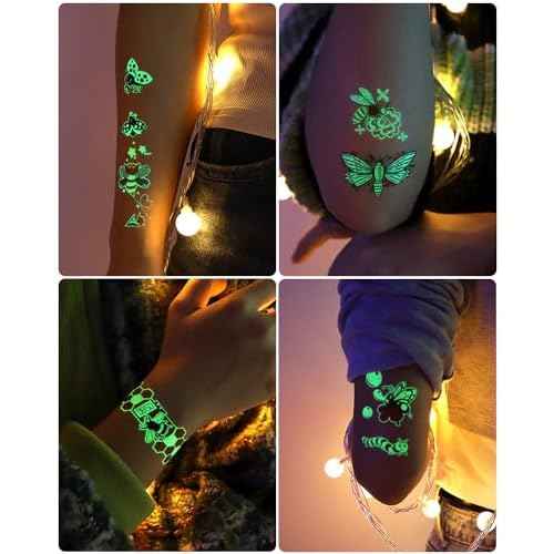 Glow In The Dark Insect Temporary Tattoos for Kids, 12 Sheets Luminous Butterfly Ladybird Bees Ant Fake Tattoo Stickers for Boys Birthday Party Favors Supplies Goodie Bag Fillers Gifts