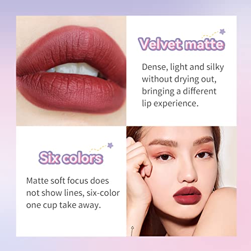 Mini Star Lipstick Set, 6Pcs Cute Long Lasting Matte Lipstick Set, Portable Colorful Velvet Lipsticks with Pink Cup, Suitable for Various Makeup