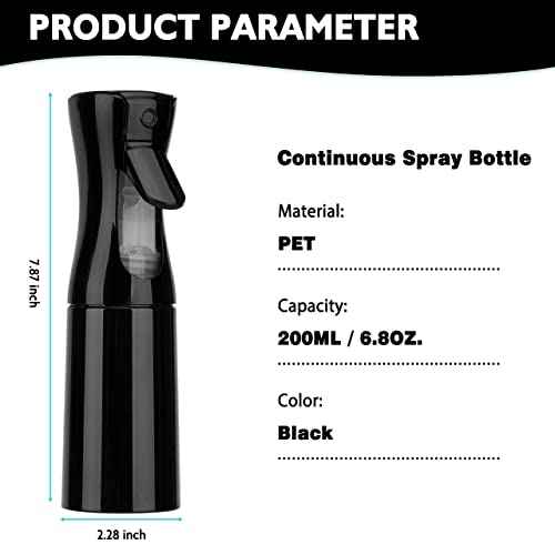 Spray Bottle for Hair (6.8OZ /200ML) Continuous Ultra Fine Mist Sprayer for Hair, Salons, Barber, Plants, Skin Care, Cleaning 2 Pack Black