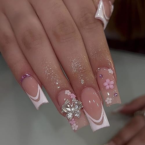 French Fake Flower Nails Square False Nails Full Cover Butterfly Acrylic Shiny Fake Nails for Women and Girls 24PCS