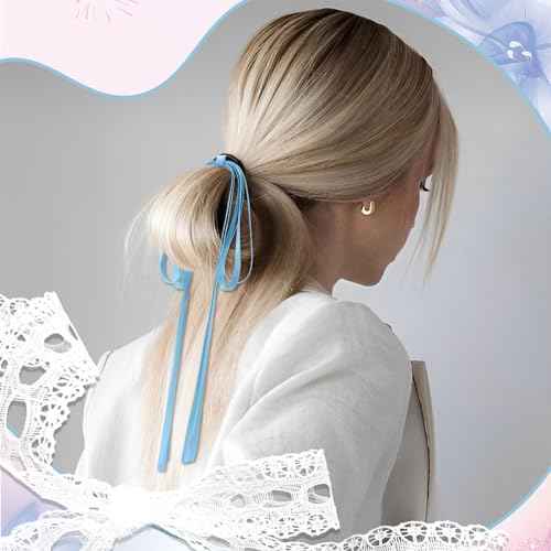2PCS Silky Satin Bow Tassel Ribbon Bowknot Hair Ties and Ponytail Holders for Women, Girls, Teens (Purple+Blue)