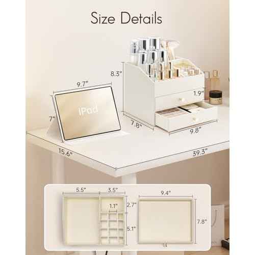 Vlando Makeup Organizer for Vanity,Large Capacity Countertop Organizer with Drawers, PU Leather Cosmetic Display Case for Lipstick,Brushes,Skincare,Bedroom Storage (Beige)