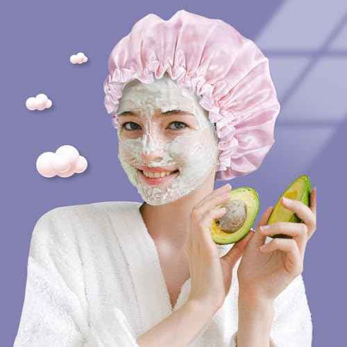 Aquior Shower Caps, Reusable Shower Cap for Women, Double Layer Waterproof Bonnet Hair Cap, Large Size for All Hair Lengths,for Girls Spa Home Salon Use (Pink Cloud)