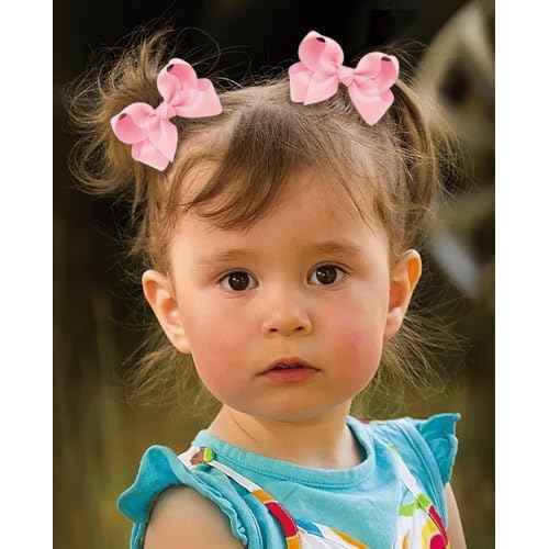 12 PCS 3" Pink Hair Bows for Girls, Grosgrain Ribbon Solid Color Hair Bows for Teen Toddler Little Girls