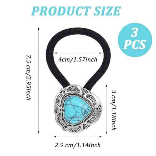 Ouligay 3 Pcs Western Ponytail Holders,Metal Boho Hair Ties with Turquoise,Boho Hair Ties Bracelet Hair Ties No Damage,Vintage Heart Hair Ropes,Silver Hair Bands,Hair Accessories for Women Girl
