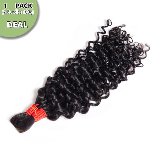 YOMIO Human Braiding Hair 28 Inch 100g (1Pack-2Bundles) Water Wave Human Hair Bulk for Braiding No Weft Bundle Virgin Curly Human Hair Bulk for Boho Braids Wet and Wavy Natural Black Color