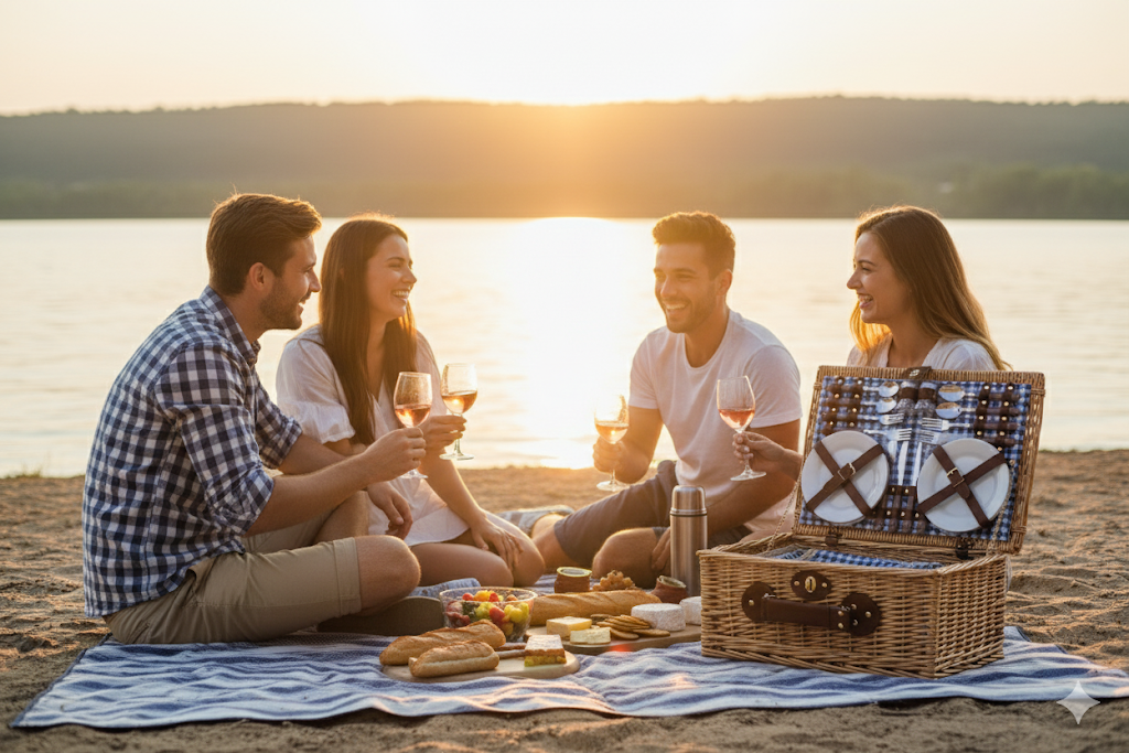 Wicker Picnic Basket Set for Four with Gingham Liner