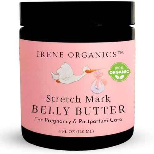 Organic Belly Butter for Pregnancy Stretch Mark Prevention and Treatment by Irene Organics - Award Winning Anti Stretch Mark Tummy Balm For Pregnancy and Postpartum 4oz - Hydrating Bump Cream