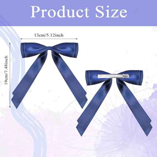 3PCS Navy Blue Hair Bows with Alligator Clips ? Elegant Satin Ribbon Hair Accessories for Women & Girls, Long Tail Bow Clips for Ponytail & Hairstyles