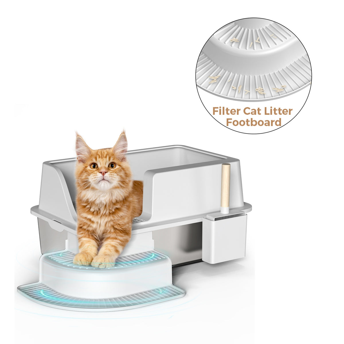 30L Stainless Steel Semi Enclosed Cat Litter Box with Footboard & Scoop