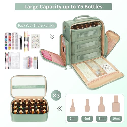 OCHEAL Nail Polish Organizer, Holds Nail Lamp and 75+ Bottles, Nail Organizers and Storage Holder Case with 3 Individual Bags Fit Manicure Tools Manicurist Travel Carrying kit -Green