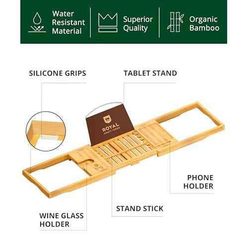 ROYAL CRAFT WOOD Premium Foldable Bathtub Tray Caddy - Wood Bath Tray for Tub, Bamboo Shelf, Expandable Bath Table Trays, Bathtub & Bathroom Accessories for New Home & Mothers, Birthday Gifts for Mom