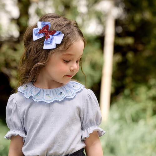 4.5in Blue White Checker Plaid Ribbon Hair Bow Clips Red Glitter Gingham Pigtail Alligator Hairpins Halloween Costume Dress Up Birthday Party Accessory Gift for Girls Women