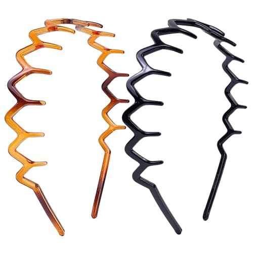 2 Pack Plastic Zig Zag Headbands with Teeth, Wavy Hair Comb Headband Hoop, Non-Slip Grip, Classic 90s Fashion Accessory for Women and Men£¨Black and Brown£©