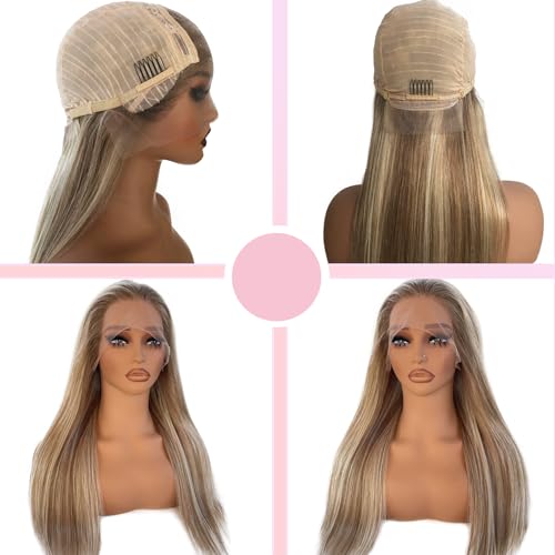 Balayage Ash Blonde Wig Human Hair Glueless 13x4 Lace Front Wigs Pre Plucked 18 Inch Straight Ash Brown to Ash Blonde with #60 Blonde Highlight Wig 180% Density