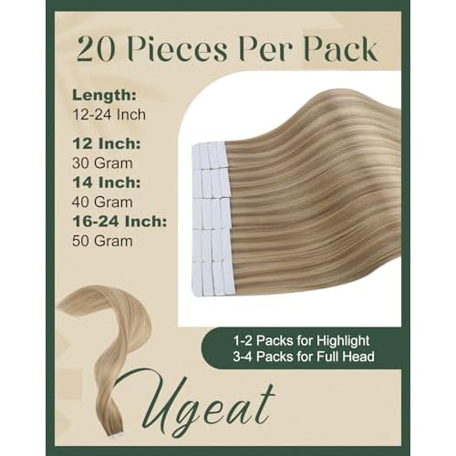 Ugeat Ash Blonde Tape in Hair Extensions Human Hair Tape in Hair Extensions Dark Ash Blonde with Golden Blonde Straight Long Lightweight No Damage to Natural Hair for Wedding 22Inch 20Pcs 50G
