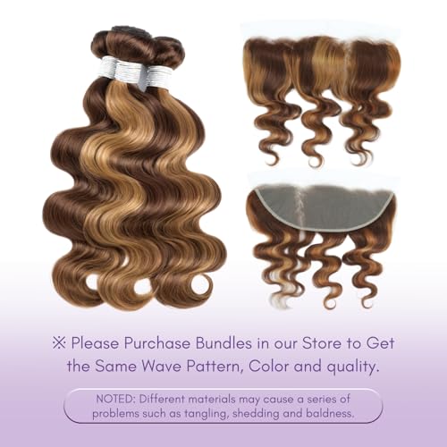 Honey Blonde Highlight Body Wave 13x4 Frontal Human Hair 20 In, 100% 12A Brazilian Virgin Ombre Brown Transparent Lace Frontal Closure Pre Plucked with Baby Hair P4/27 Balayage Wavy Hair Remy