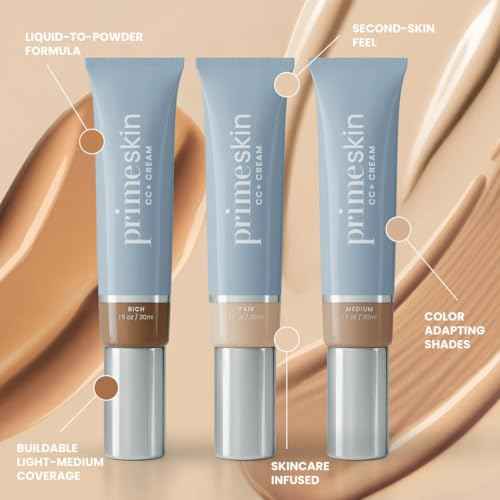Prime Prometics PrimeSkin CC+ Cream for Mature Women ? Lightweight Liquid-to-Powder Foundation ? Blurs Pores & Covers Age Spots ? Crease-Free, Hydrating & Soft-Matte Finish for Sensitive Skin (Light)