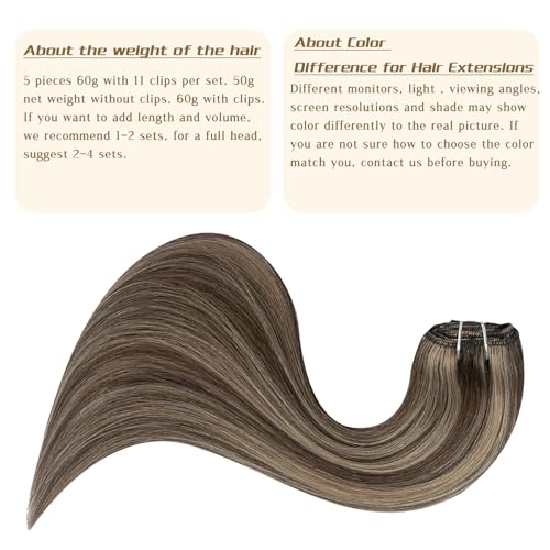 Clip in Real Human Hair Extensions for Women Straight Long Natural Clip on Real Human Hair Extensions Double Weft Chocolate Brown To Caramel Blonde Remy Brazilian Clip ins Hair 22 Inch 60G 5 PCS