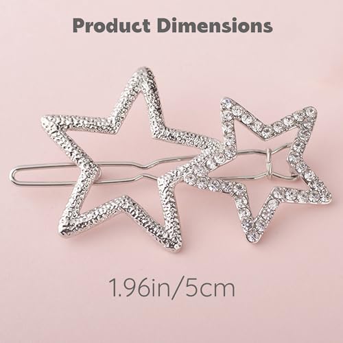 2Pcs Hollow Star Hair Clips, Non-Slip Metal Geometric Hairpin, Elegant Rhinestone Hair Barrettes for Women Lady Girls Styling Hair Accessories (Silver)