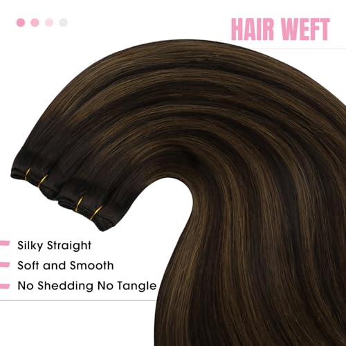YoungSee Human Hair Sew in Extensions Brown Balayage Human Hair Weft Extensions Darkest with Medium Brown Balayage Sew in Hair Extensions Long Straight Hair 100G 22Inch