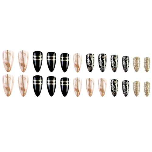 Black Amber Press on Nails Almond Fake Nails Medium Length Gold Foil Glue on Nails with Designs False Nail Tips Exquisite Almond Shape Stick on Nails Medium Artificial Nails for Women 24Pcs