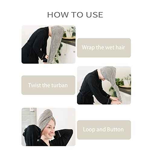 Extra Large 4 Pack Microfiber Hair Towel Wrap for Women Super Absorbent & Quick Dry Hair Drying Towels with Button, Hair Turbans for Curly Hair Long & Short Hair - Anti-Frizz