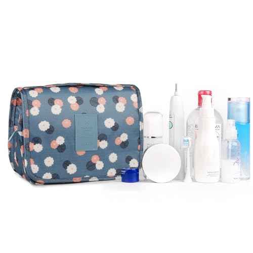 Narwey Hanging Toiletry Bag for Women Travel Makeup Bag Organizer Toiletries Bag for Travel Size Cosmetics Essentials Accessories (Blue Flower)