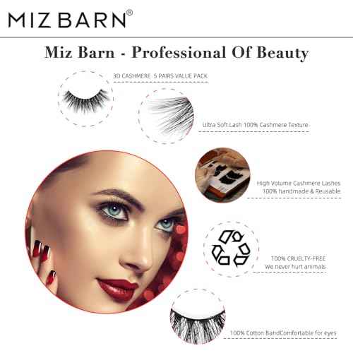 Miz Barn Lashes 3D Cashmere Long Extension Eyelashes Natural Look Soft Reusable False Eyelashes Multipack Wispy Fake Eyelashes 5 Pairs Natural Strip Lashes (CW312)