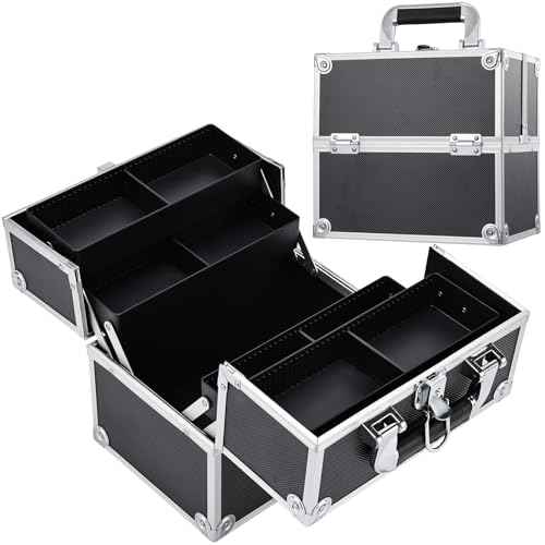 Frenessa Makeup Train Case Cosmetic Organizer Case Professional Makeup Storage Box 4 Trays with Divider Lockable Travel Case Portable Travel Makeup Box for Makeup Artist, Carfter, Cosmetics Black