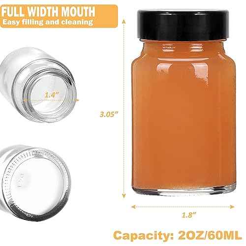 2 oz Small Clear Glass Bottles with Lids - 6Pcs Wide Mouth Shot Bottles with Caps for Ginger Shots, Juice, Potion, Liquids, Whiskey - Mini Travel Bottles with Funnels, Stickers