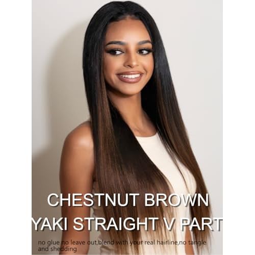 YIROO V Part Wig Human Hair No Leave Out Ombre Chestnut Brown Yaki Straight Glueless Human Hair Wig Upgrade U Part Wigs for Women V Shape Clip in Half Wig No Glue No Sew in Beginner Wig 16inch