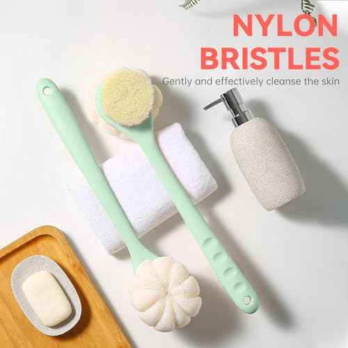 Back Scrubber for Shower, 15.7" Loofah with Handle, Back Shower Brush with Bristles and Loofah, Dry Brushing Body Brush for Cleanse Back and Hard to Reach Areas with Curved Long Handle
